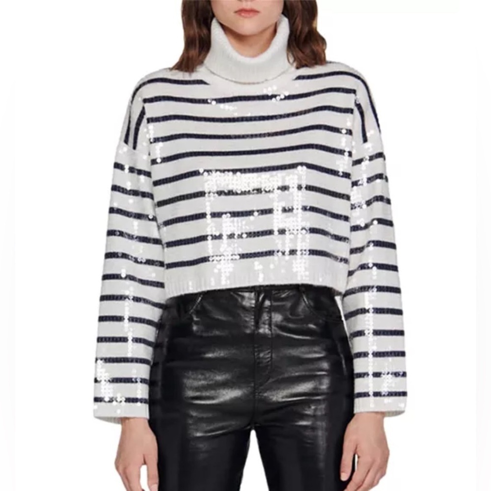 SANDRO Ariel Sequin Striped Turtleneck Sweater Size 1 / US size S